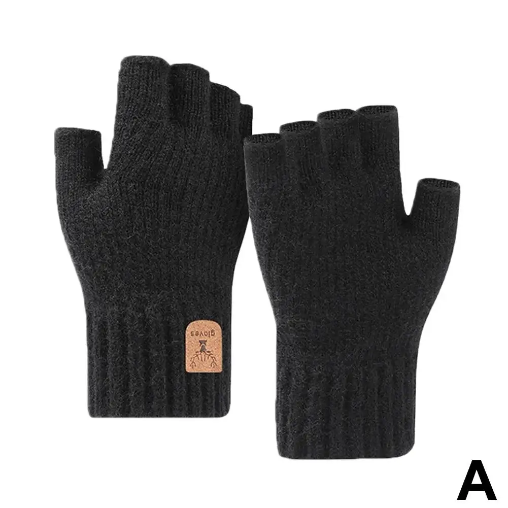 Winter Gloves For Men Half Finger Writting Office Cycling Knitted Gloves Students Alpaca Wool Warm Thick Elastic Driving Gl O2v0