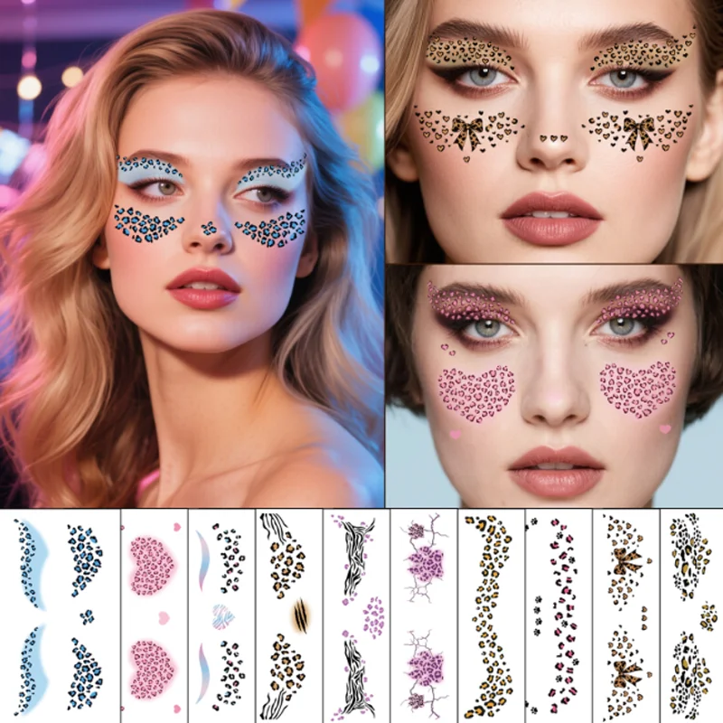 

10PCS New Leopard Print Eye Eyeliner Tattoo Sticker Sexy Dance Party Freckles Facial Tattoo Decals Face Fake Tattoos