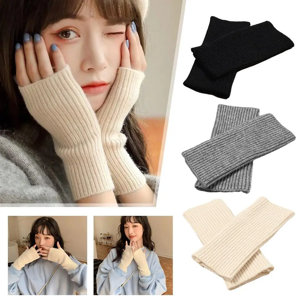 Half-finger Gloves Women's Autumn/winter Korean Edition Warm Vertical Half-cut Knitted All-tie Writing Student Wool Striped M2T8