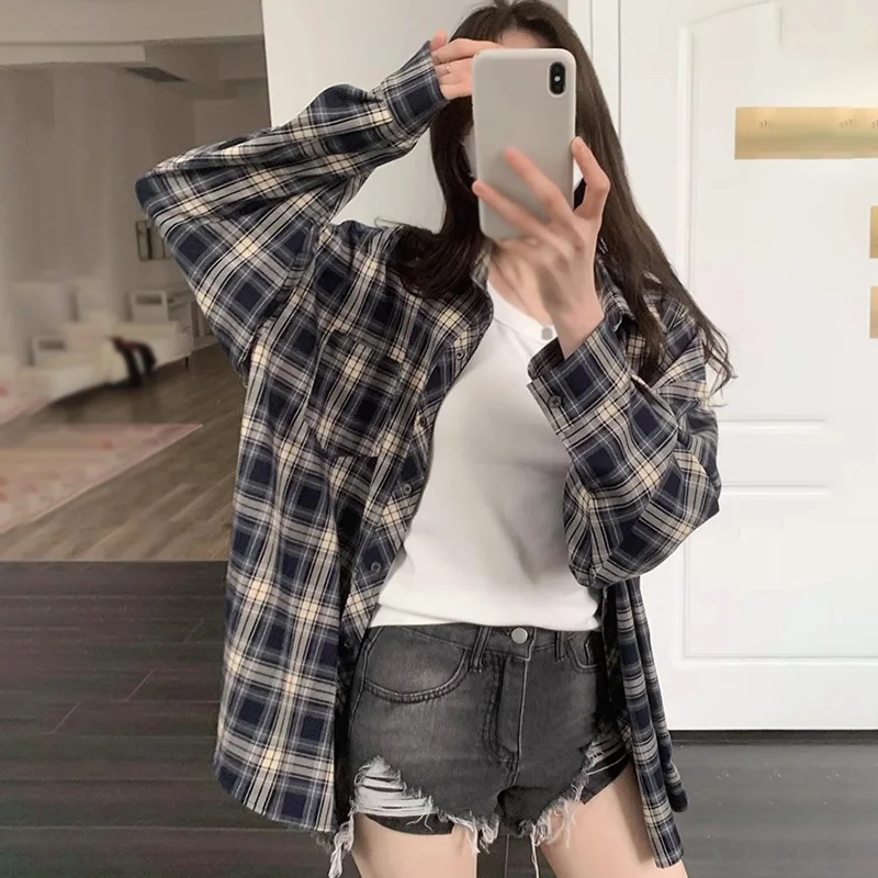 Woman Summer Vintage Plaid Lapel Collar Loose Casual Versatile  Sun Protection Long Sleeve Shirt