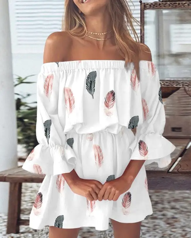 Leisure Women's Dress 2024 Summer New Leisure Fashion Clothing Feather Print Off the Shoulder Bell Sleeves Leisure Dress