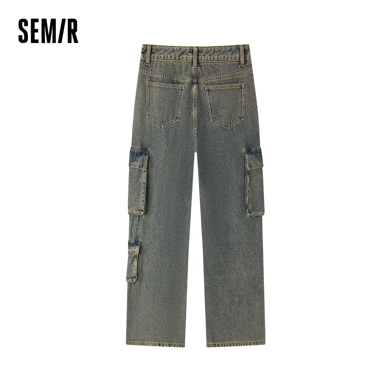 Semir Jeans Women Cool Street Distressed Work Pants American Retro Winter High Street Girl Fleece Wide-Leg Pants