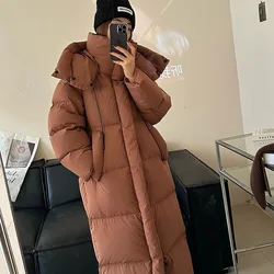 Piumino lungo con cappuccio da donna, trapunta grande al ginocchio, cappotto caldo, versione coreana, nuova moda, autunno e inverno, 2024