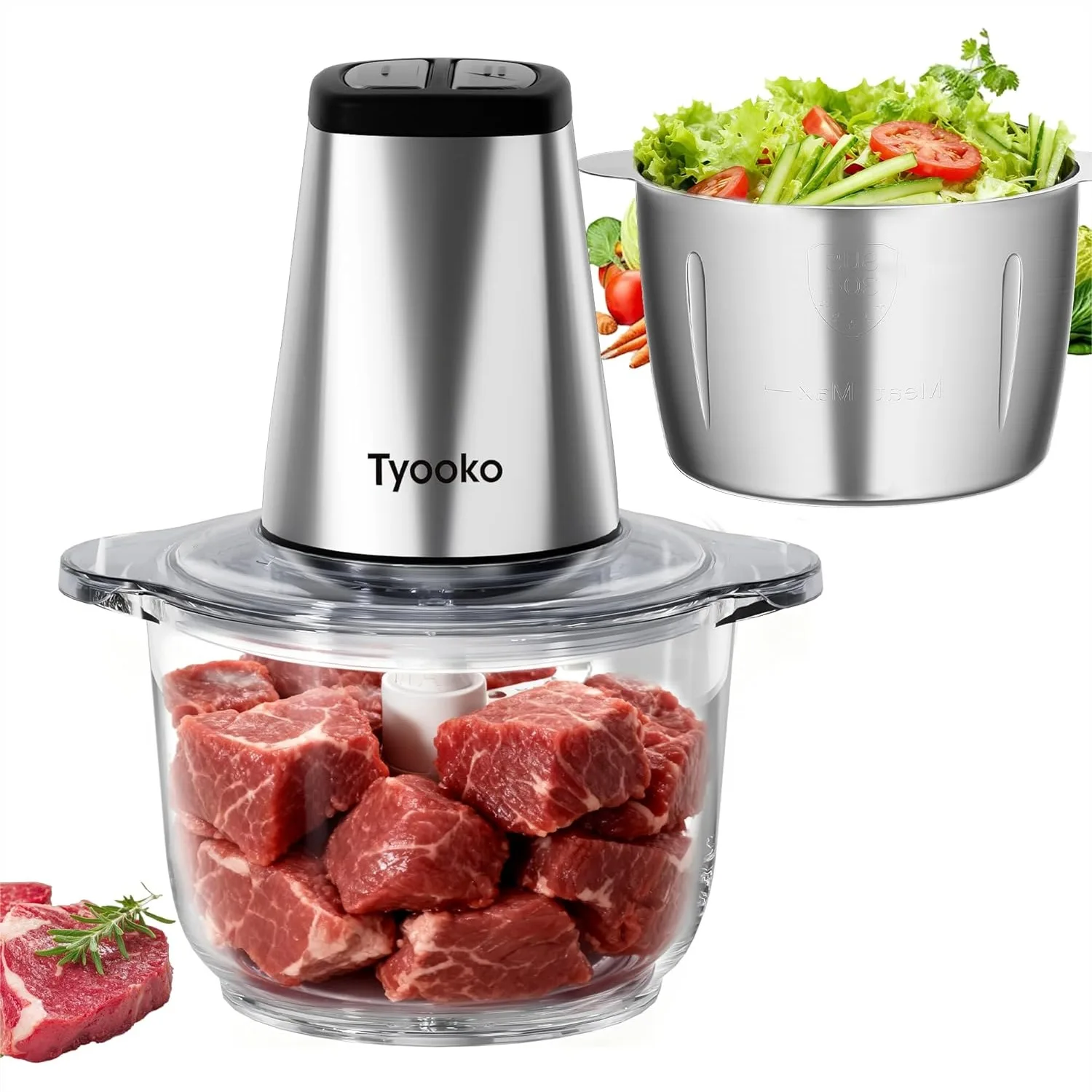 

Electric Food Chopper Vegetable Meat Grinder, 2 Bowls 8 Cup Stainless Steel & Glass, Easy Clean Small Mixer for Fruits Nuts Baby