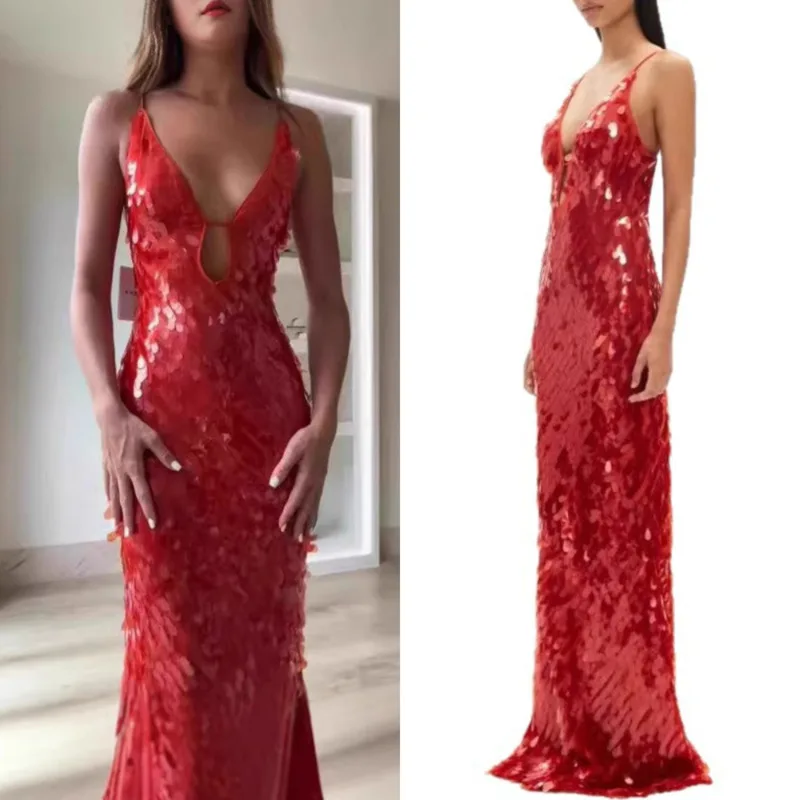

Sequin Dresses Women 2025 New Casual Fashion Elegant Evening Party Prom Dress One Line Neck Split Dress INS Lady Oversize Dress