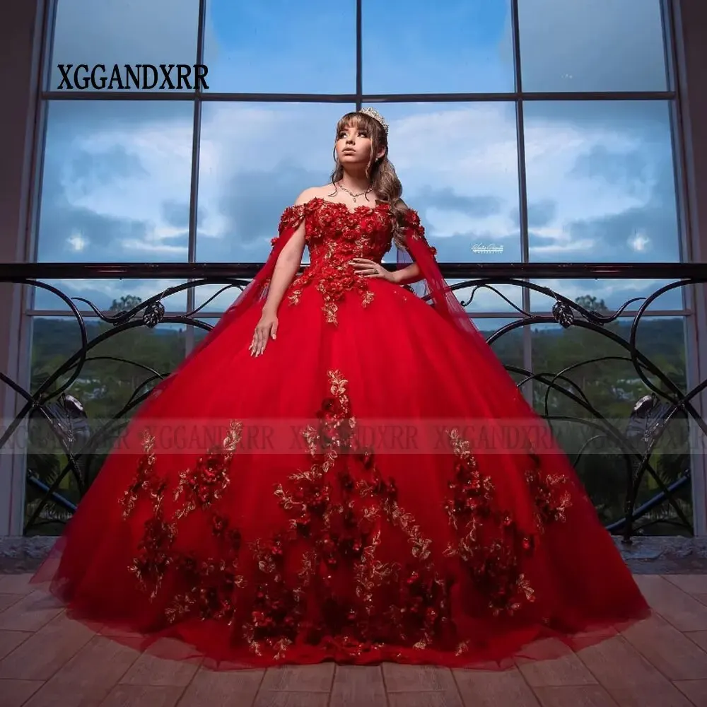 Rote Prinzessin Quinceanera Kleider 2024, 3D-Blumenblumen, Ballkleid, süßes 16-Kleid, Cape, Vestidos de 15 Jahre, Quinceañera, individuell gestaltet