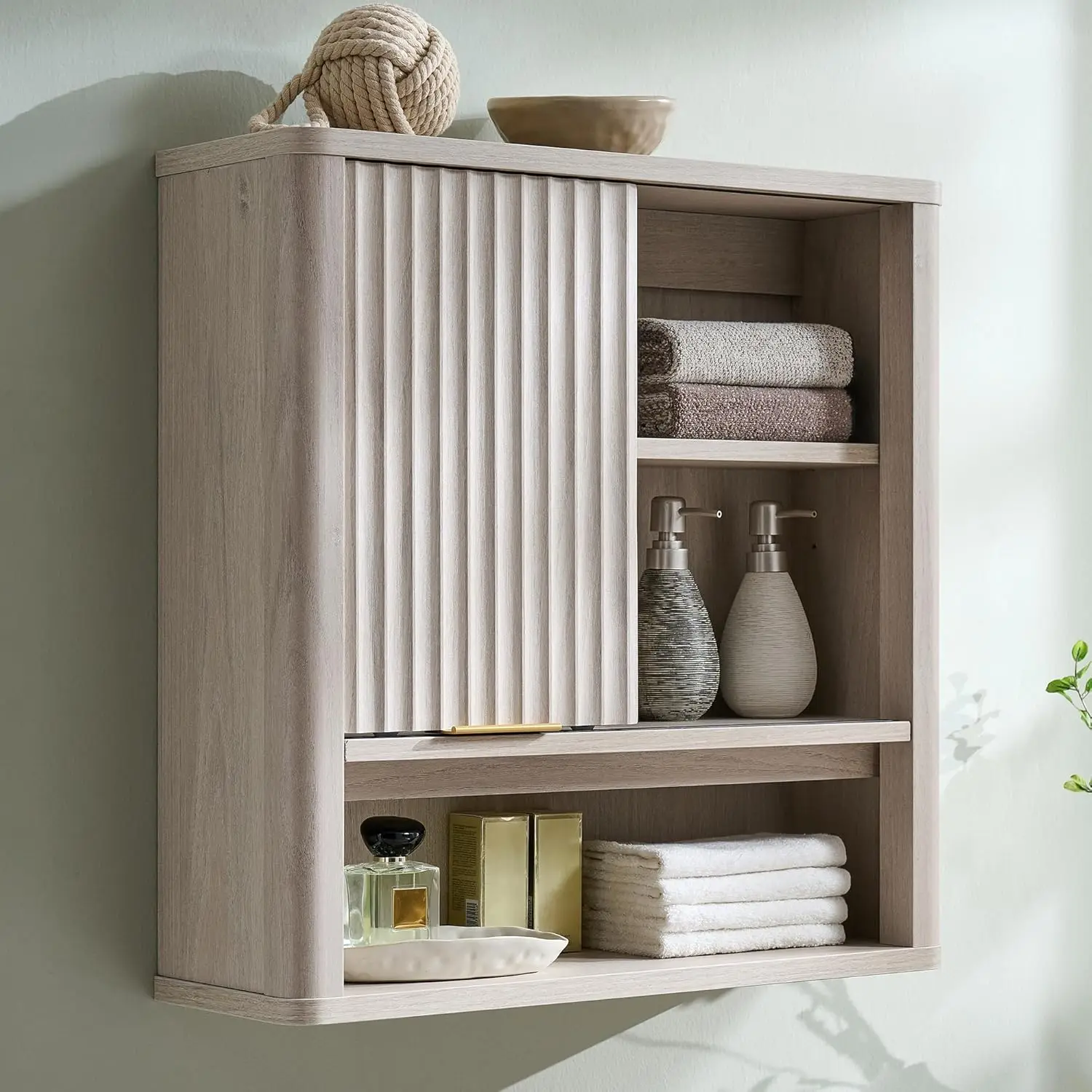 Fluted Sliding Door Wall Cabinet Adjustable Shelf Curved Profile Bathroom Storage White Alder, Customized