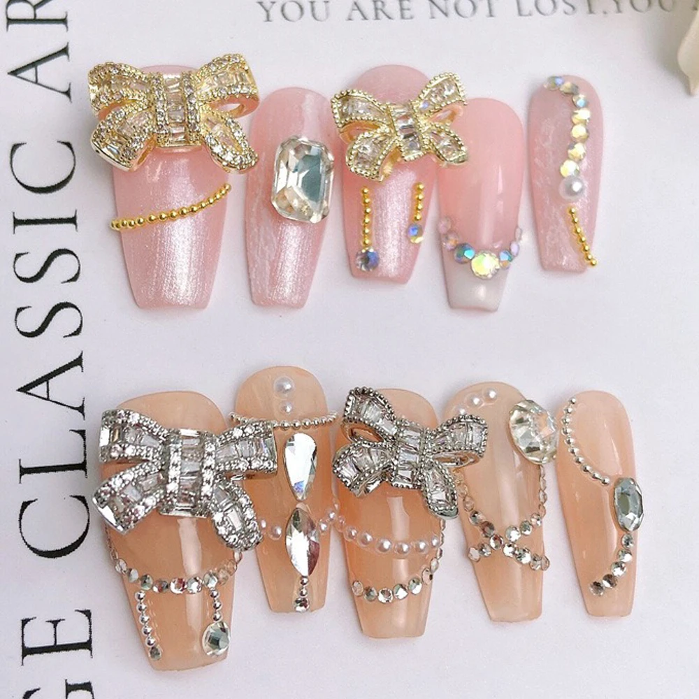 20pcs Light Luxury Style Alloy Bow Nail Art Charm 3D Gold Silver Zircon Bow Ribbon Metal Nail Rhinestone Cute DIY Nail Accessory
