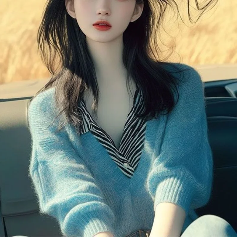 Blue Fake Two-piece Spliced   lapel Sweater Korean Long-sleeved Top