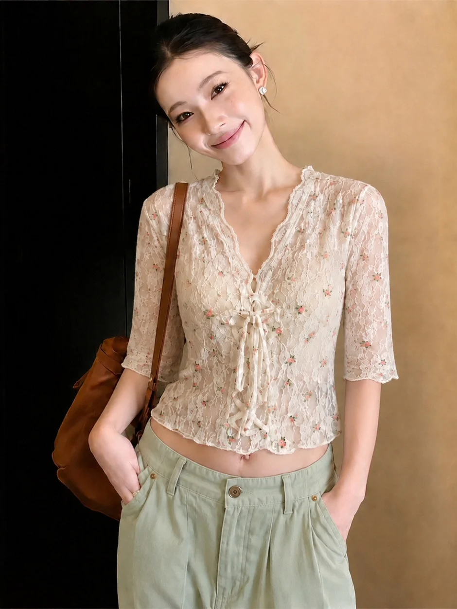 

White Lace V-neck Floral Short Sleeve Shirt Women's Elegant Slim Fit Summer Cute Short Style Small Shirt Top Sexy Trendy Youth