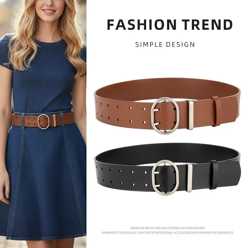 Women's Wide Genuine Leather Double Needle Buckle Belts Simple and Versatile Denim Dress Belt,Vintage Silver Buckle Pants Belt