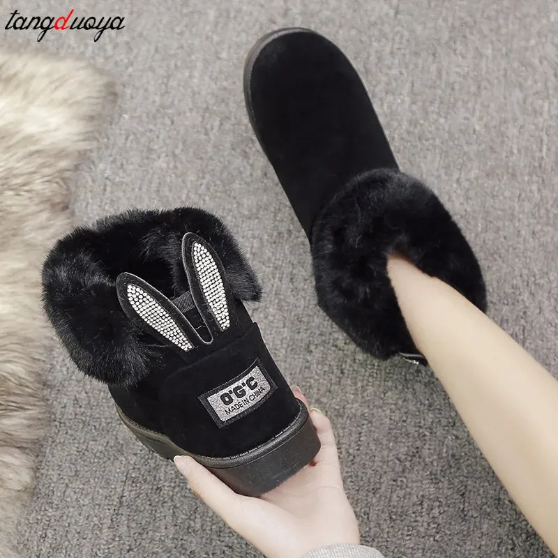 Women Boots Fox Fur Brand Winter Shoes Warm Snow Boots Black Round Toe Casual Female Slip-on Woolen Boot Sweet Flock flats