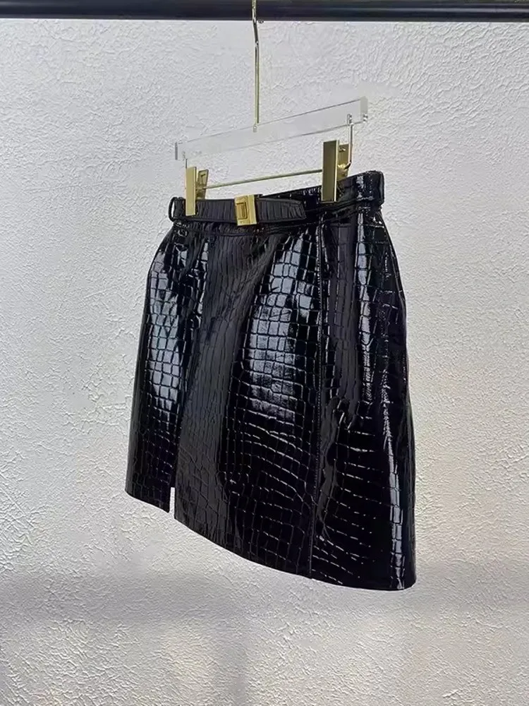 Sexy Women Patent Leather Crocodile Pattern Slim Fit Mini Wrap Skirt Split Lady Nightclubwear High Quality Genuine Leather Skirt