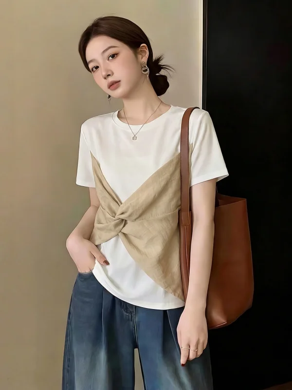 

Elegant Short Sleeve T-Shirt Women's plus Size Unique Asymmetrical Top Shoulder Width Regular round Neck Summer New Arrival