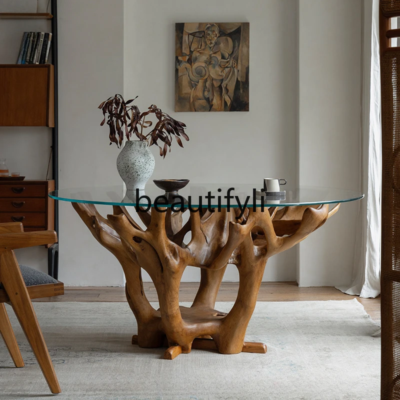 Wood | Teak Root Carving Creative\ Wabi Sabi Wind Shaped Solid Wood Glass Round Dining Table