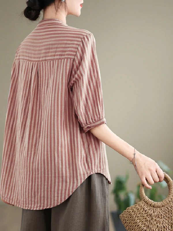 

Casual Cotton irt Women's Summer Stripe V-ne Five-quarter Sve Slimming Loose Fit Versatile irt Commute Casual Wear