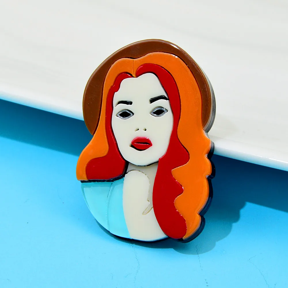 CINDY XIANG Acrylic Beautiful Girl Portrait Brooch Red Hair Wear Hat Pin Aceteate Fiber Jewelry New Design 2022