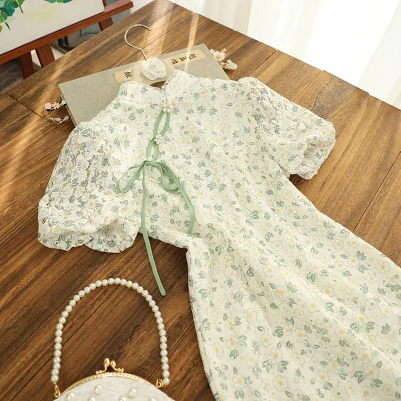 

Women Green Forest Fragmented Flower Bubble Sleeve Improved Qipao Summer Young Girls Modern Chinese Dress Long Dresses Cheongsam