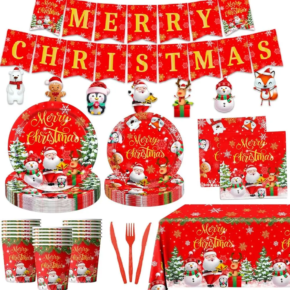 

Christmas Paper Plates and Napkins - Disposable Tableware with Plates, Napkins, Tablecloth, Banner for Christmas Party Table Dec