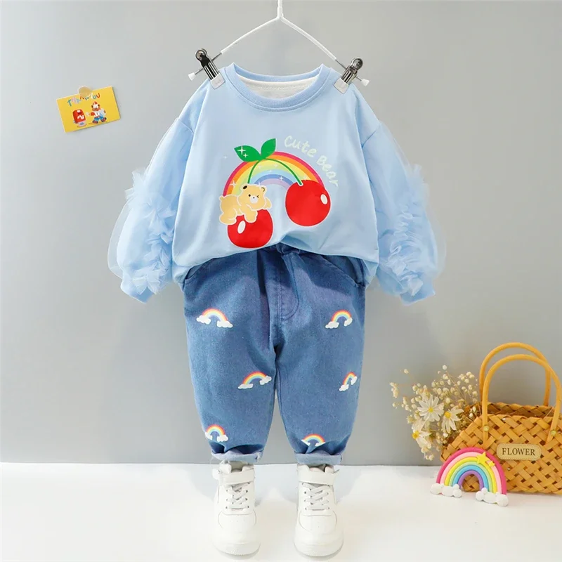 Baby Girls Clothing Sets Spring Autumn Kids Cartoon Lace Pullover Sweatshirt Jeans Children Sportswear Infant Clothes Outfit