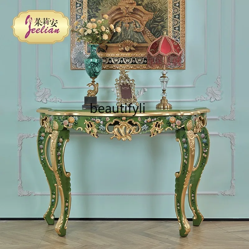 

French court entrance table solid wood heavy industry painted flowers 1.3 meters foyer decorative entrance platform