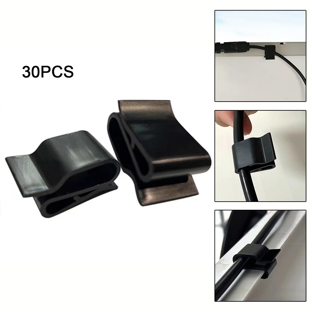 30Pcs Photovoltaic Cable Clamp Outdoor Trailer Frame Wire Clips Solar Panel Boat Plastic Black Solar Cable Clamps 0.98*0.5 Inch