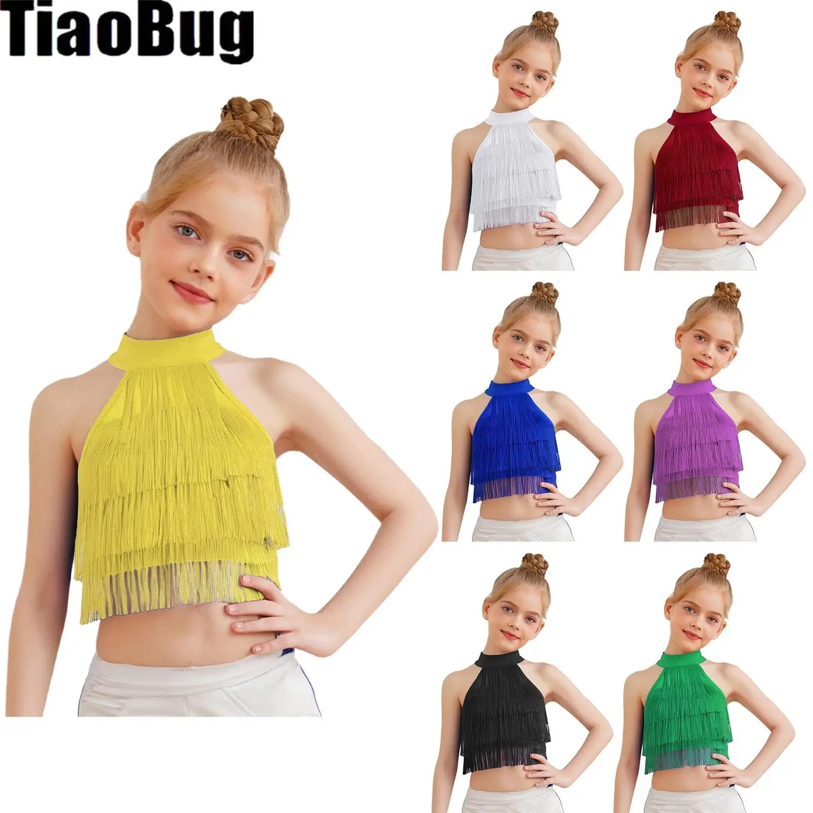 

Kids Girls Latin Dance Vest Costume Fringe Crop Top Sleeveless Strappy Back Tiered Tassels Vest
