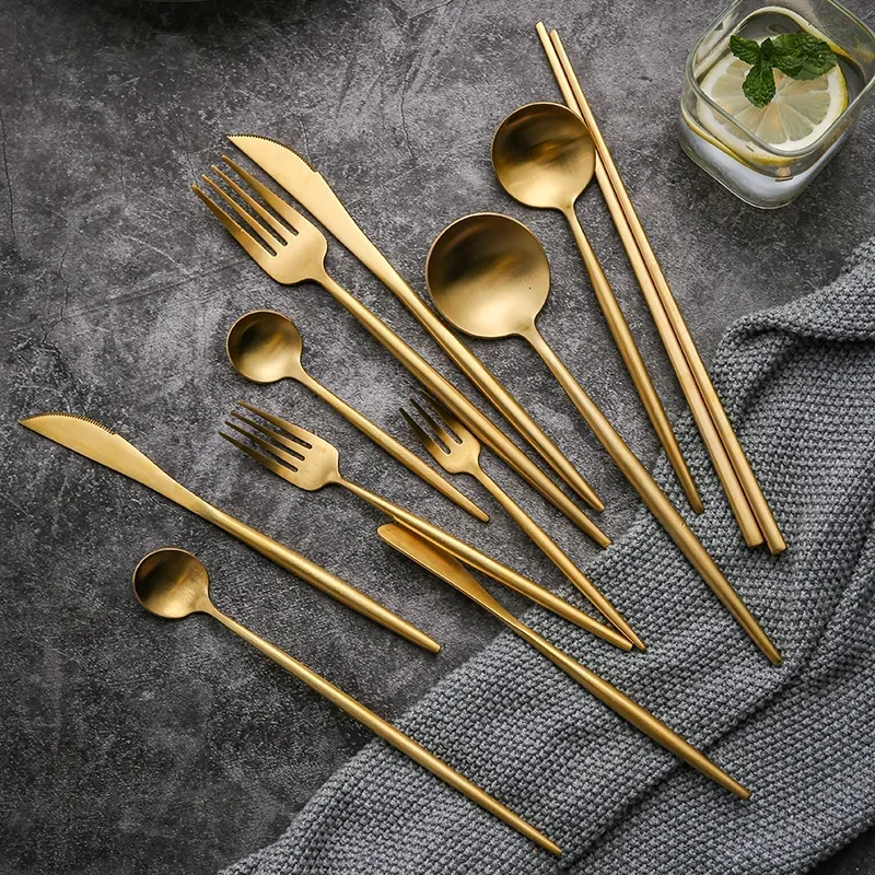 Matte Gold 18/10 Stainless Steel Luxury Cutlery Dinnerware Tableware Knife Spoon Fork Chopsticks Flatware Set Dishwasher Safe