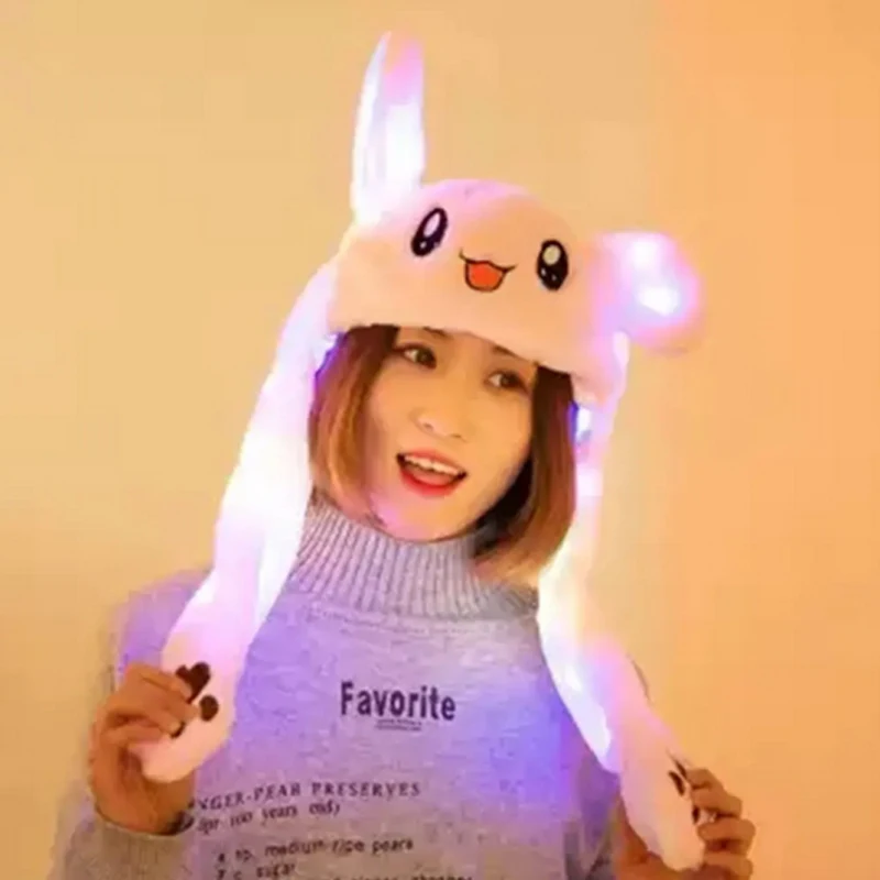 Novelty Gift Cute Jumping Hat With LED Light Rabbit Ear Cap For Women Girl Party Supplies Plush Movable Ears Bunny Ear Hat