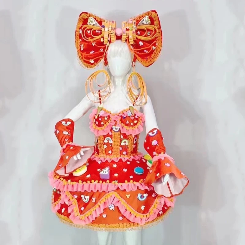 Nuevos trajes de actuación escénica de cantante femenina, tocado con lazo grande, vestido de pastel de caramelo, disfraces de actuación, trajes de fiesta Rave