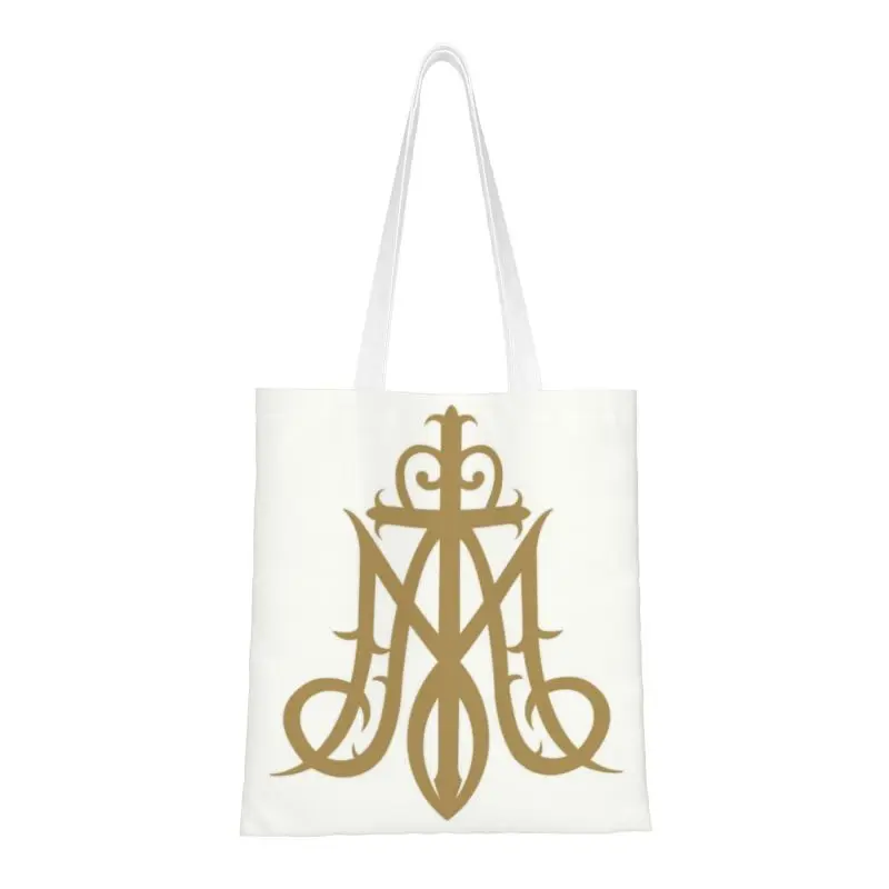 Virgin Mary Monogram Ave Maria Shopping Tote Bag Reusable Ave Maria Catholic Christian Grocery Canvas Shopper Shoulder Bag