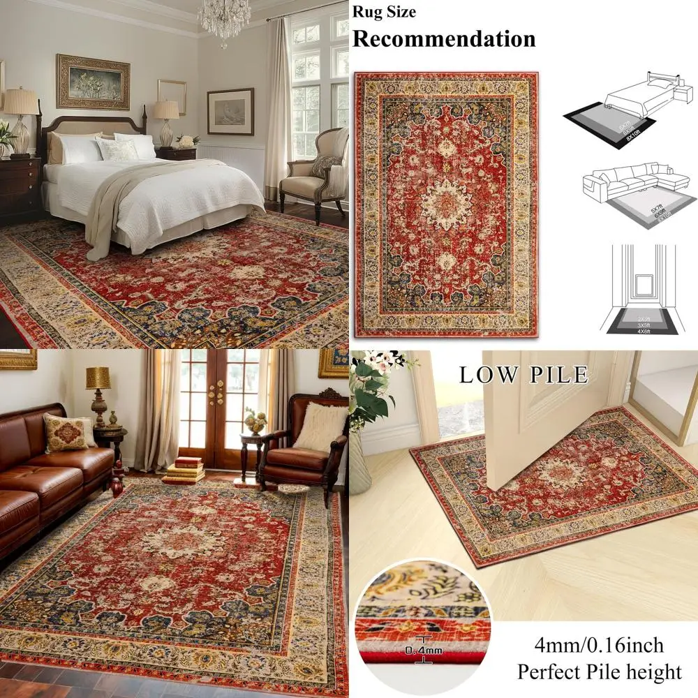 

Vintage 5x7 Washable Living Room Rug, Low Pile, Non-Slip, Easy to Clean, Suitable for Bedroom or Entryway