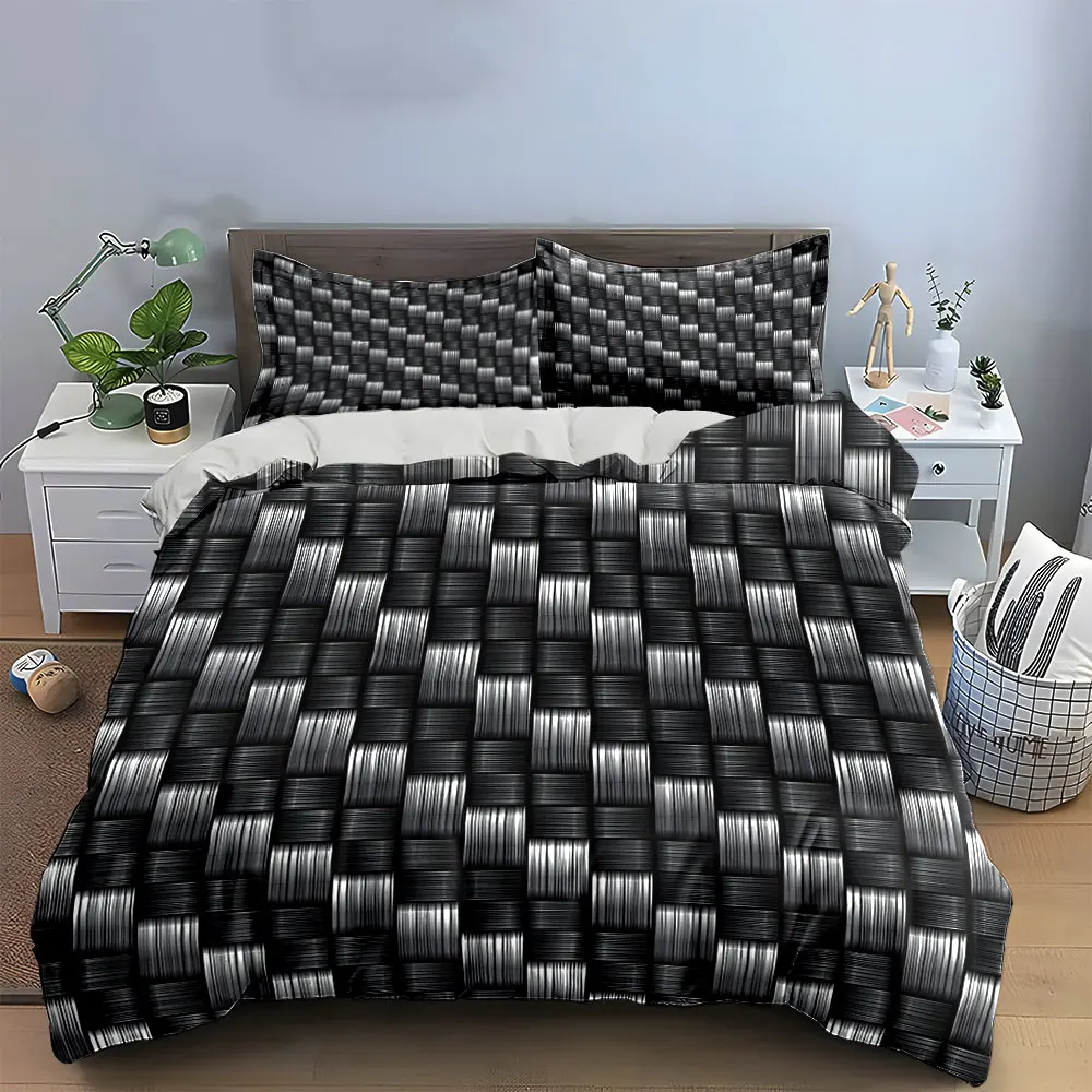 3-teiliges Bettwäsche-Set mit 3D-Gewebekorb-Textur, Schwarz-Grau, minimalistisch strukturiert, inklusive 1 Bettbezug und 2 Kissenbezügen, Geschenk