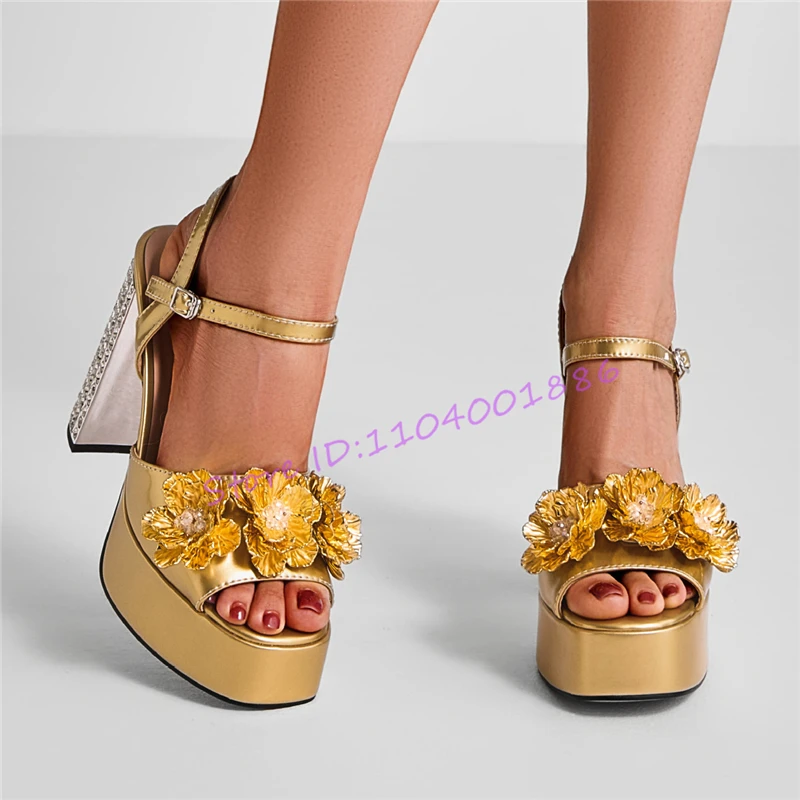 Golden Square Toe Platform High Heels for Women Flower Rhinestone Peep Toe Thick Heel Sandals Luxury Banquet Party Dress Shoes