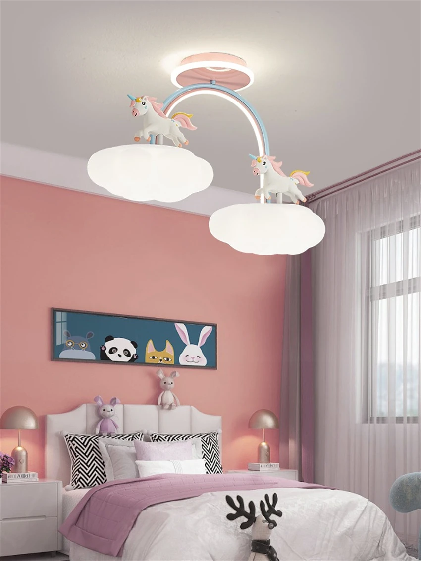 Pink cartoon cloud ceiling light kids room light girl cute pegasus animal eye protection princess bedroom ceiling lamps fixtures