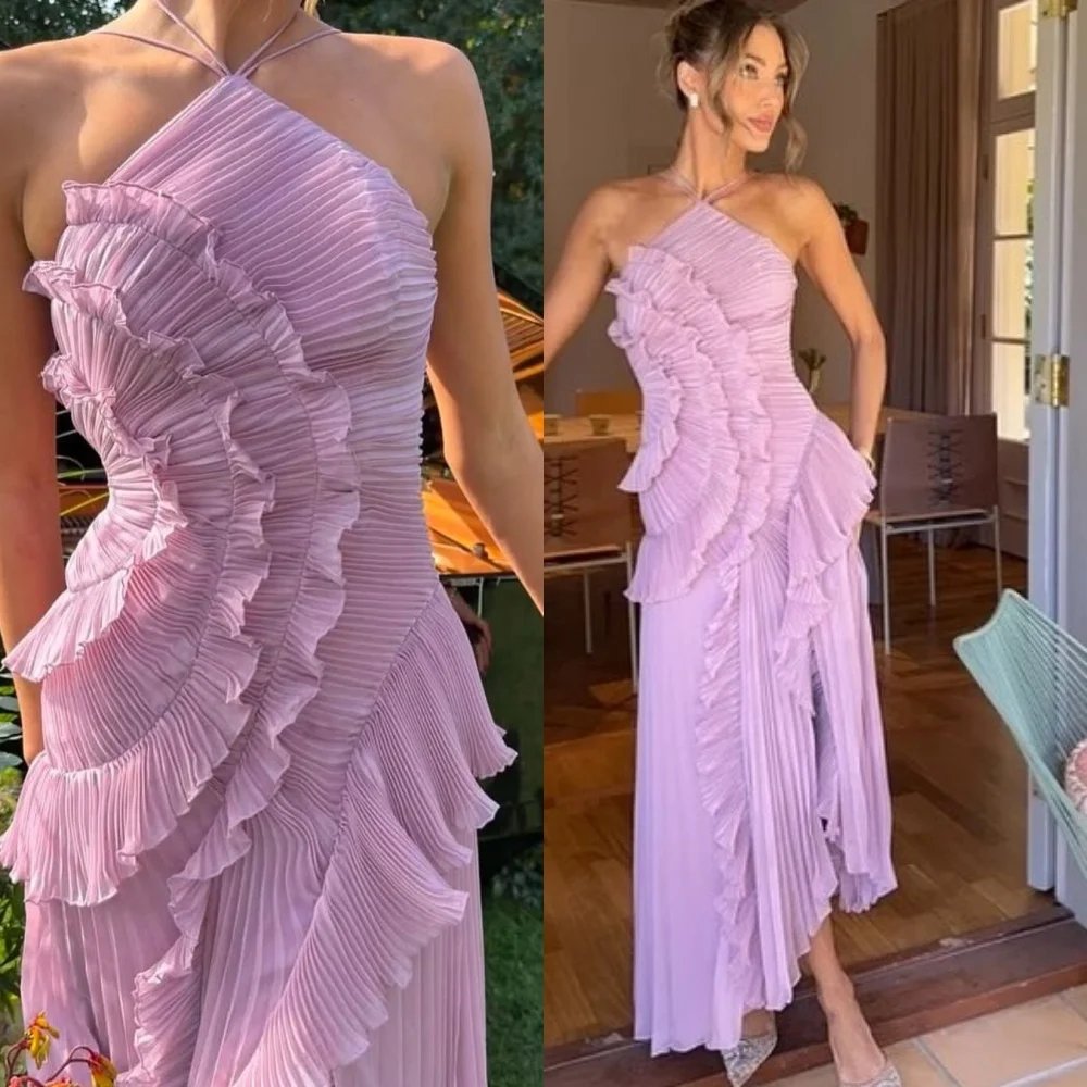 

Customized Elegant Halter Sleeveless Evening Dress Fashion Chiffon Prom Dresses Temperament Light Purple Special Occasion Gowns