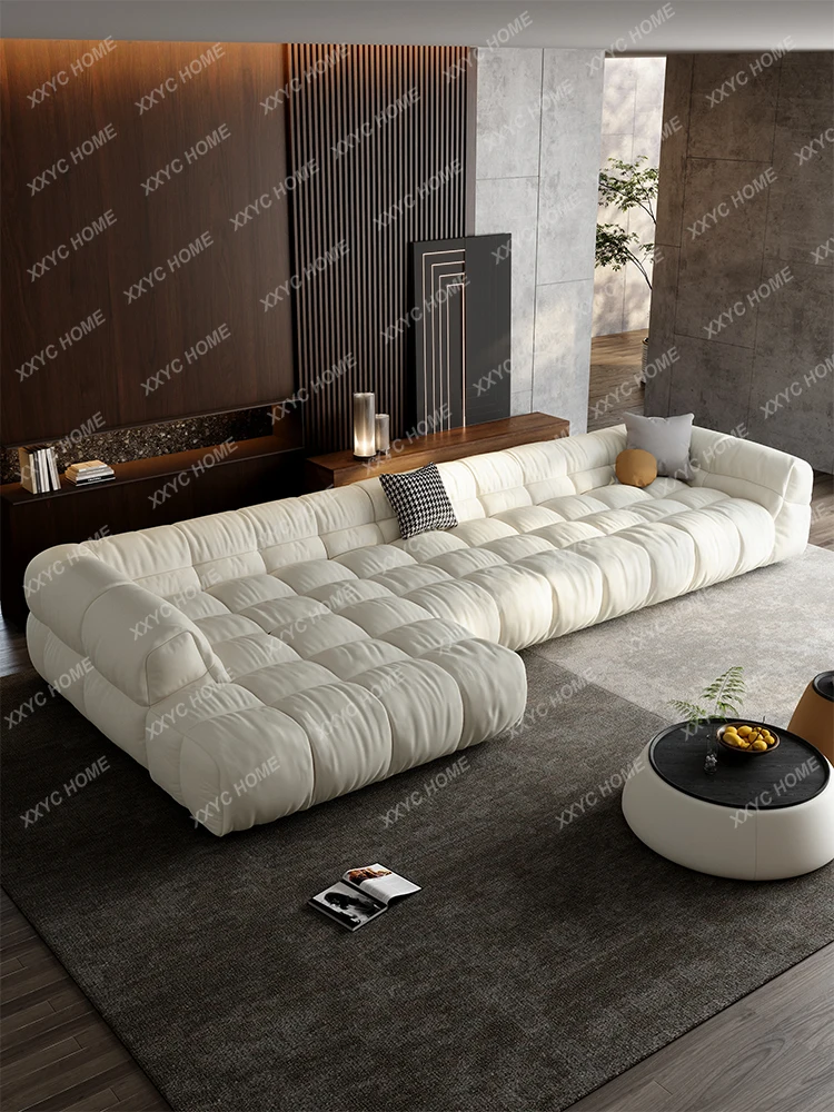 French Cream Style Leather Sofa Living Room Concubine Italian Simple Puff Square down Clouds