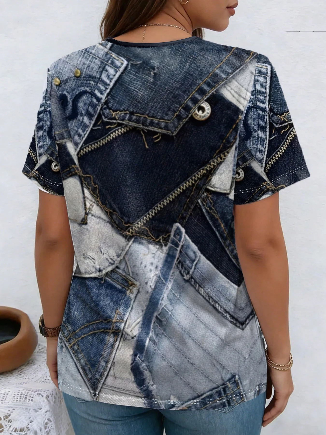 Summer casual fashion imitation denim print V-neck short sleeved commuting versatile T-shirt image 5
