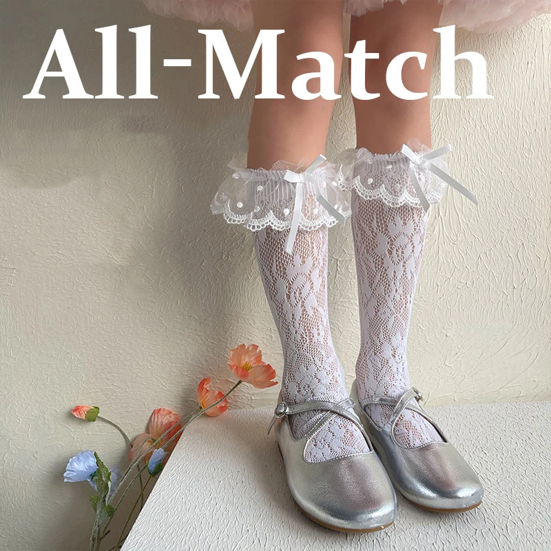 Princess Girl Lace Stockings Black White Color Children Long Tube Socks 3-12Year Baby Bow Stocking Kids Summer Mesh Calf Sock