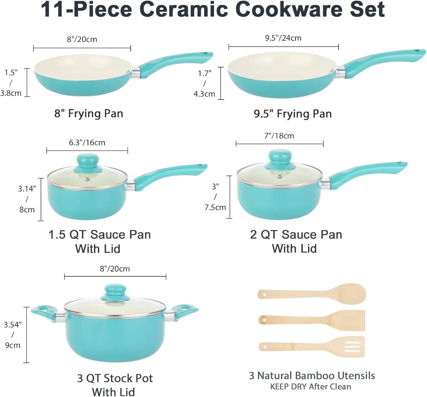 Induction Cookware, Ceramic Non Stick Cooking Set, Stay Cool Handle & Bamboo Kitchen Utensils, 100% PFOA Free, Turquoise