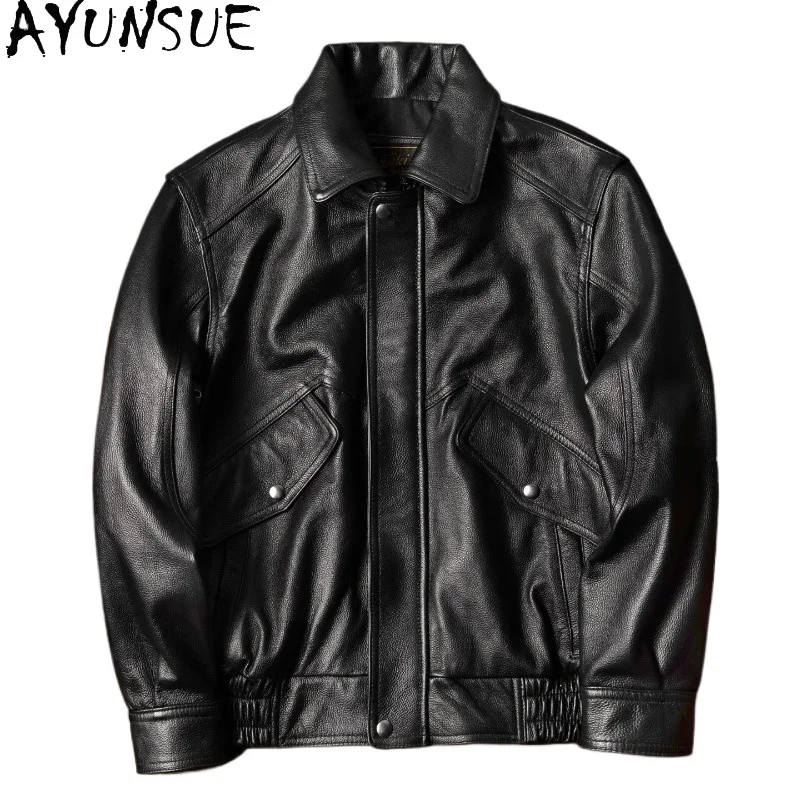 

AYUNSUE First Layer Cowhide Leather Jacket Men Pure Genuine Leather Coat Loose Fit Casual Outerwear Fashion Real Leather Jackets