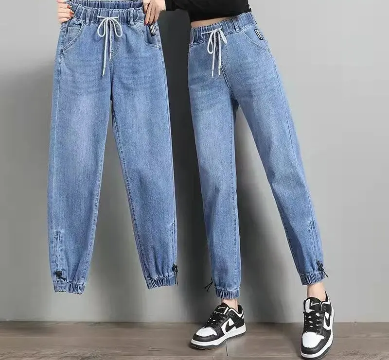 S-3xl Drawstring Ankle-length Loose Jogger Jeans Women Solid Color Streetwear Scratch Denim Pants All-match Elastic Denim Pants