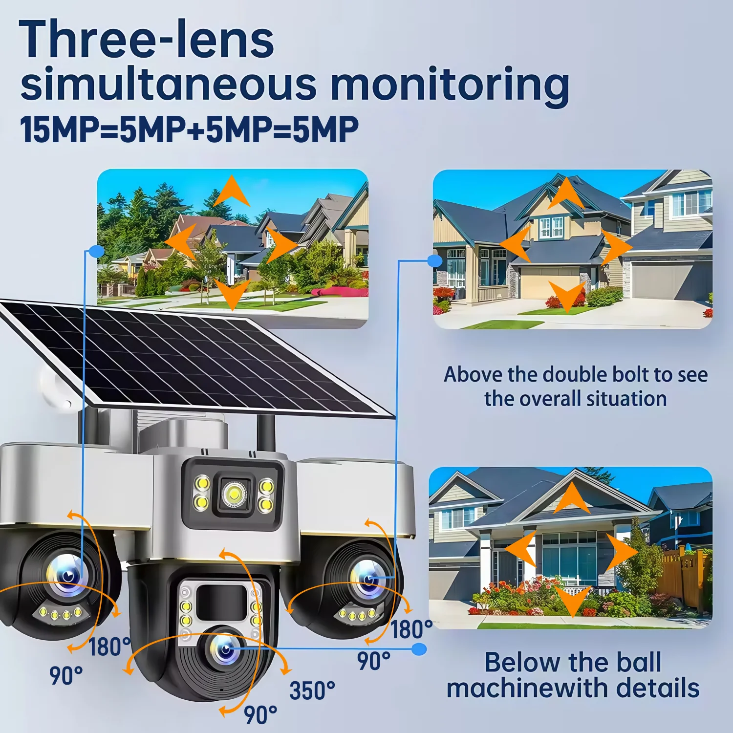 Telecamere WIFI solari da 15 MP Outdoor 3 in 1 Obiettivo PTZ Supporto di sorveglianza della batteria Visione notturna V380 PRO Telecamere di sicurezza con zoom 10X