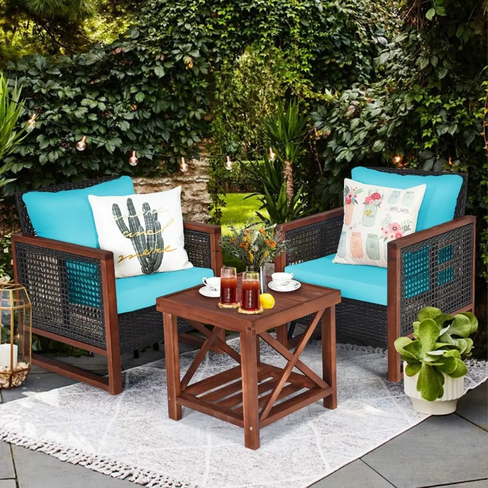 

3 Pieces Patio Wicker Furniture Set, Rattan Outdoor Sofa Set w/Washable Cushion & Acacia Wood Coffee Table, Conversatio