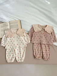 2024 Spring New Baby Girl Infant Korean Style Suit Printed Lapel Cute Floral Home Clothes Two-piece Set