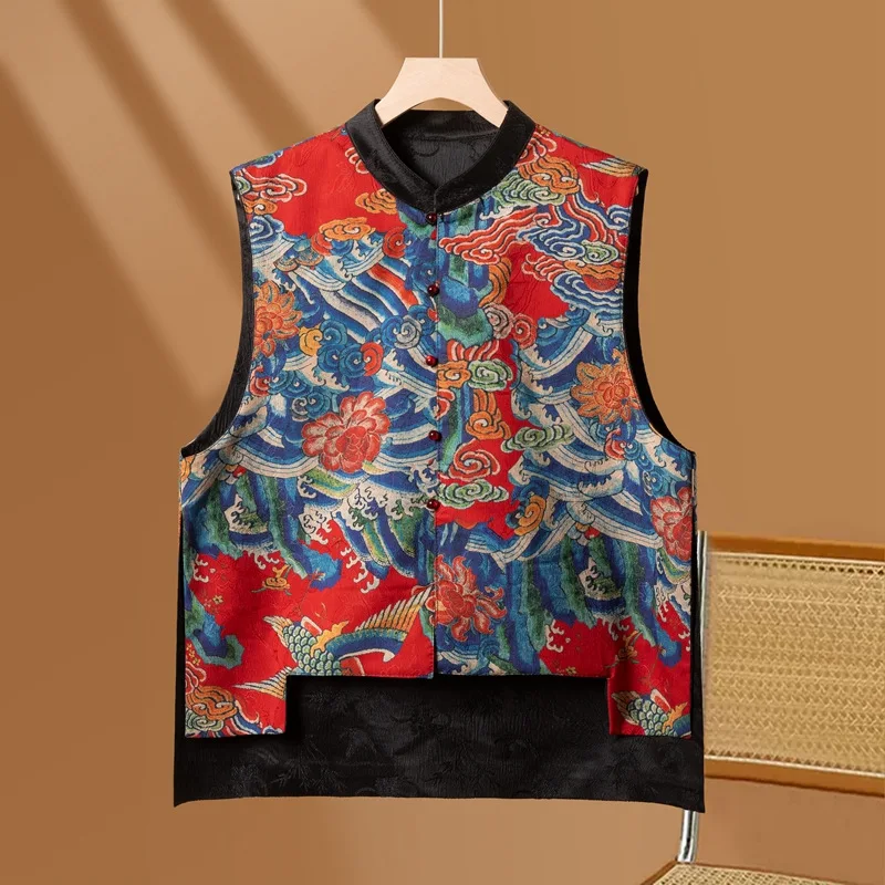 New Chinese Style Vest Reversible Jacquard Tops Lady Elegant Tang Clothes Sleeveless Coat plus size 4XL5XL Qipao Hanfu Jacket