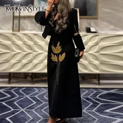 TWOTWINSTYLE Spliced Embroidery Two Piece Set for Women Round Neck Long Sleeves Patchwork Single Breasted Coat Midi Skirt Female
