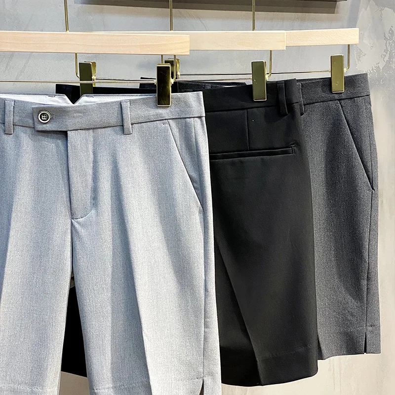 Summer Korean-Style Ice Silk Slim-Fit Men's Casual Shorts, Light Business Straight Thin Dress Shorts, Trendy Mid-Length Pants