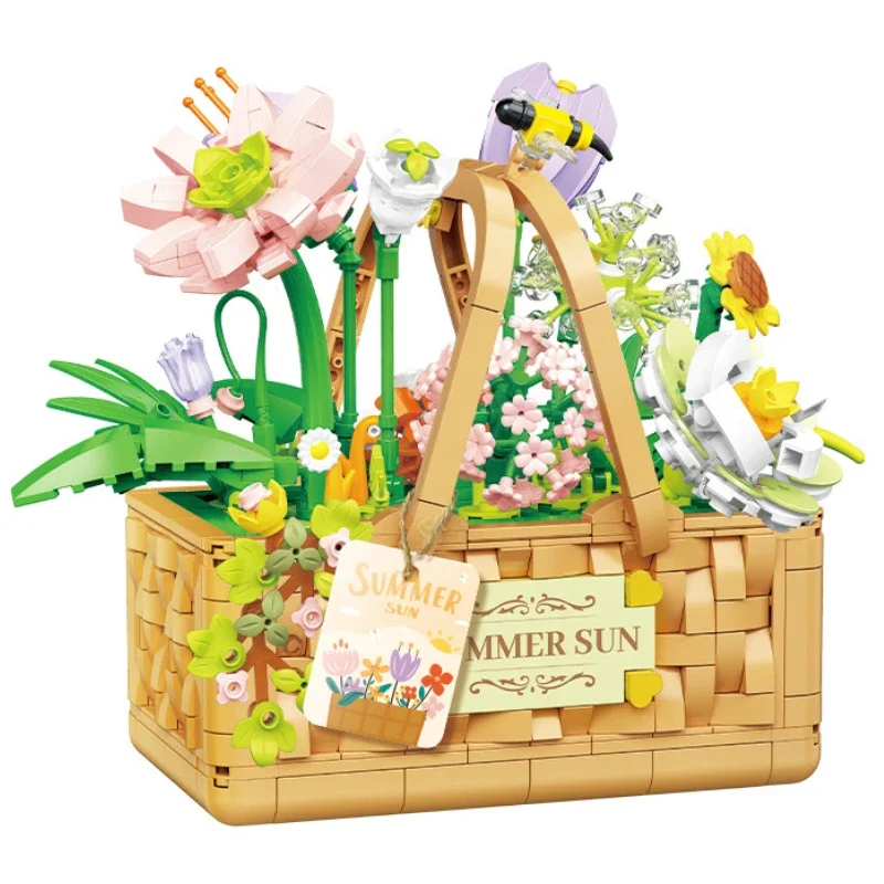 Bouquet Assembly Toy Home Desktop Decoration Summer Sunshine Flower Basket Building Block Creative Holiday Gift for Kids