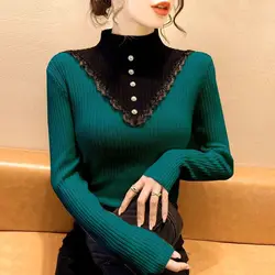 Patchwork Contrast Slim Sweaters Autumn Winter Long Sleeve Youth Knitting Fashion Pullovers Top Vintage Elegant Women Clothing